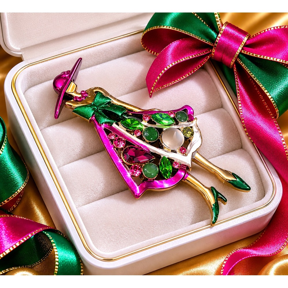 Vintage Style Fashion Lady Brooch Pin Enamel Rhinestone Pink Green Gold Tone